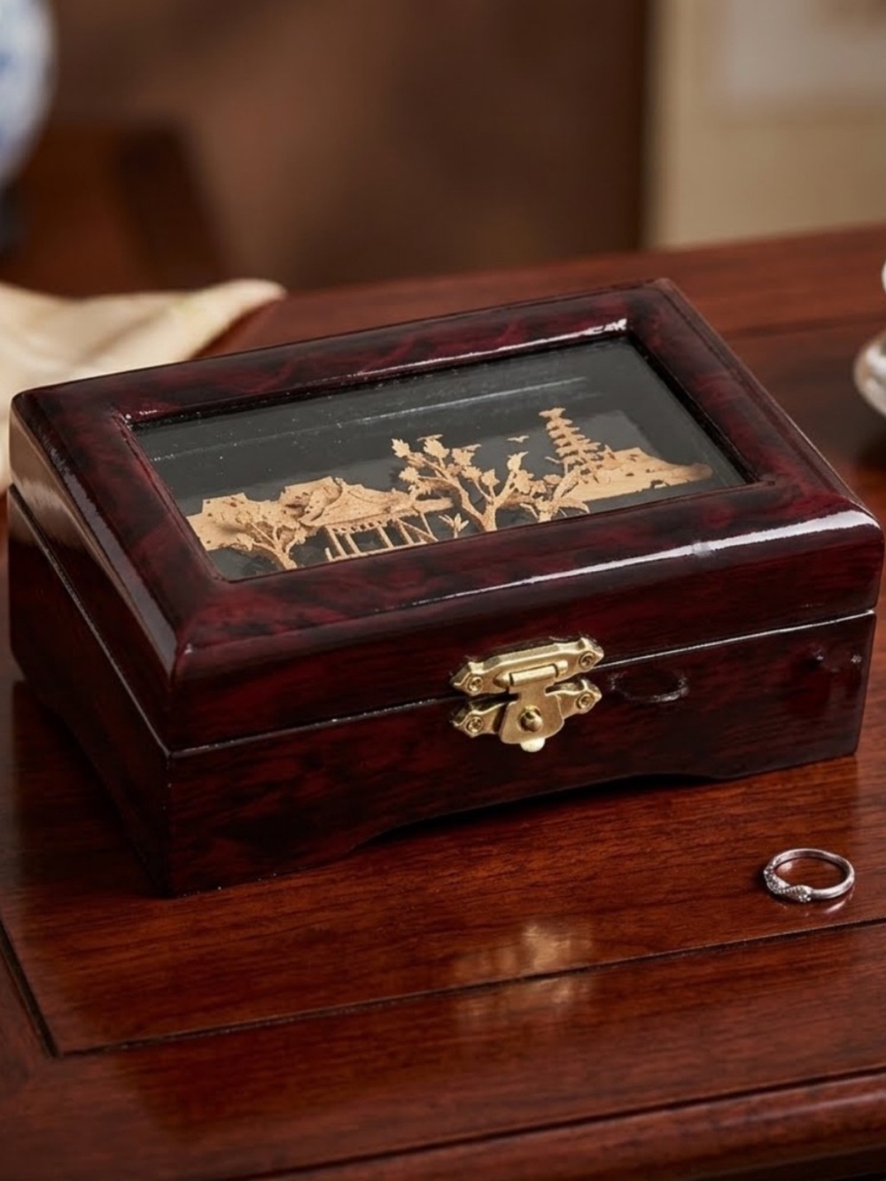 Oriental Hand Carved Pagoda Diorama Cork Art Wooden Trinket Jewelry Box Glass